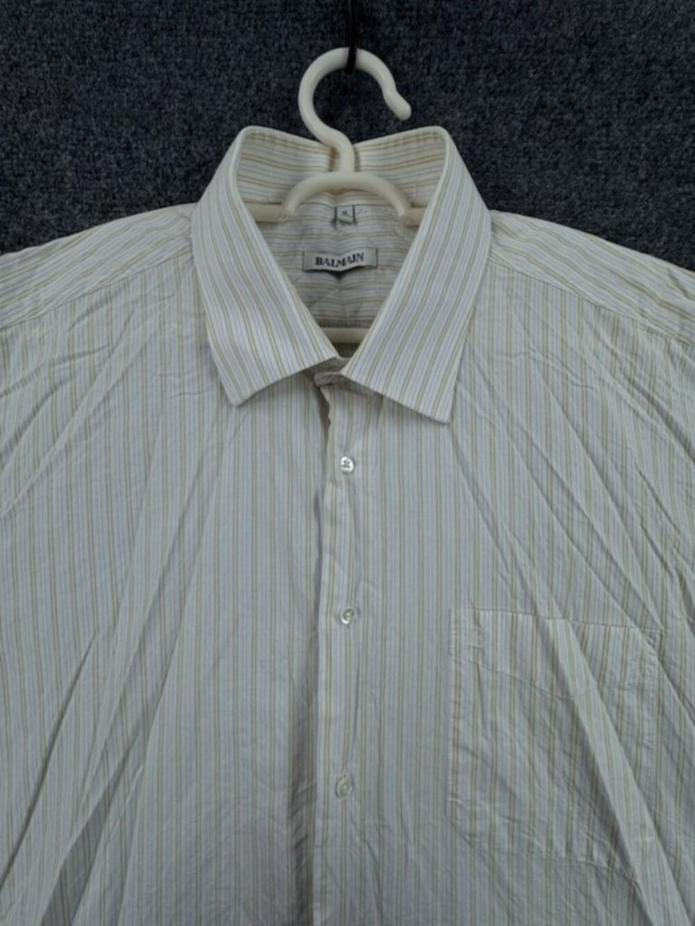 Balmain Lightweight XL Striped Short Sleeve Cotton Beige Pocket Shirt Button Up